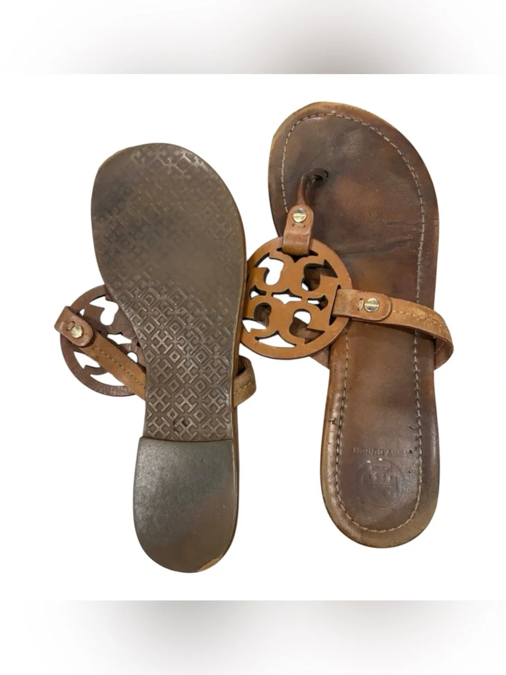 Tory Burch Miller Tan Leather Logo Thong Sandals Size 9M